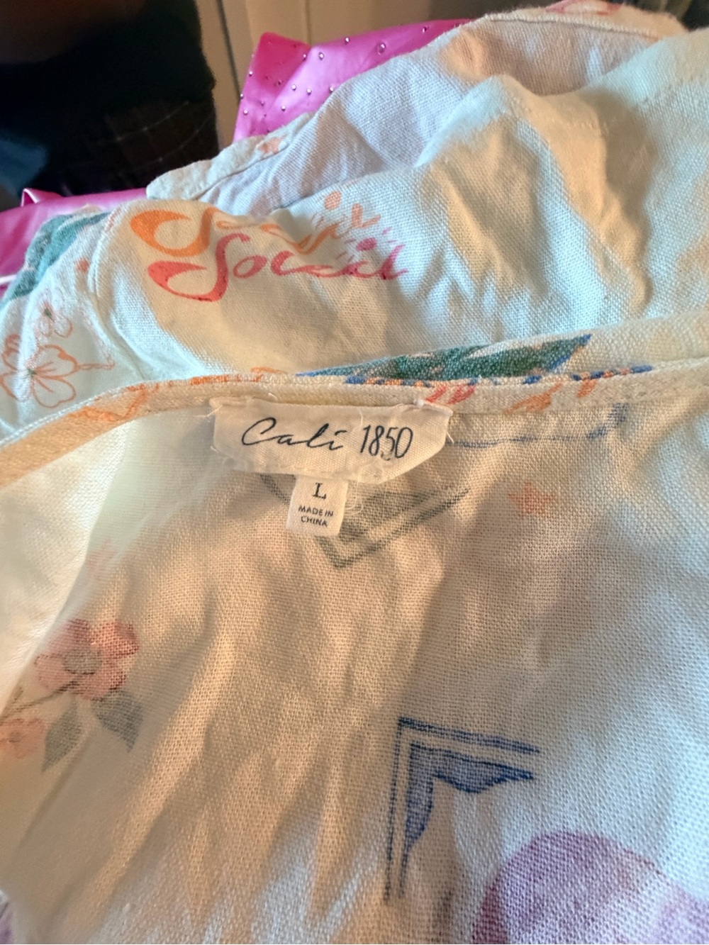 Cali 1850 Floral Print White Wide-Leg Lounge Set with Tie-Front Top Linen Blend - Picture 10 of 11
